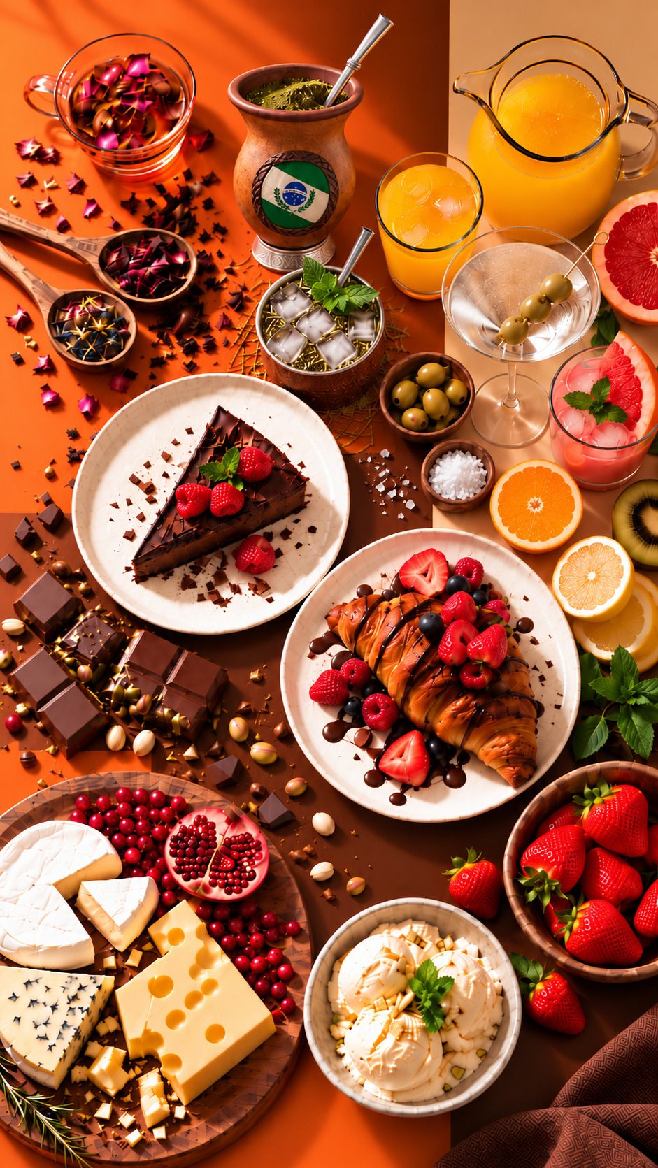 Mesa vista desde arriba con tés, mate y tereré, jugos, dry martini con aceitunas, trago de pomelo, torta de chocolate, croissant con frutos rojos, chocolate con pistacho, tabla de quesos, helado y frutillas: productos que reciben los aromas de FIC