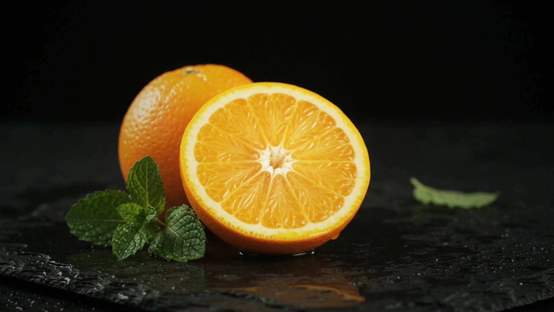 Laranja cortada ao meio ao lado de uma laranja inteira e folhas de hortelã
